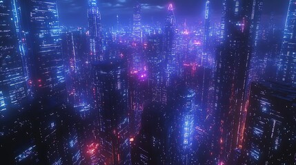 Obraz premium A nighttime skyline of a futuristic smart city, glowing pathways of digital connections, skyscrapers with vibrant holographic lights, deep blue and purple hues, sharp focus, photorealistic quality,