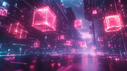 An abstract 3D depiction of a decentralized blockchain network, interconnected cubes floating around a digital globe, neon lines pulsing with data, high-definition details, vibrant lighting effects,