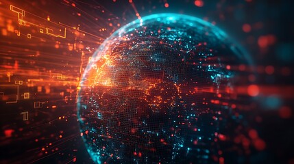 Fototapeta premium An abstract 3D depiction of a decentralized blockchain network, interconnected cubes floating around a digital globe, neon lines pulsing with data, high-definition details, vibrant lighting effects,