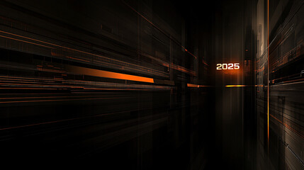A futuristic digital design featuring a blurred perspective with the year "2025" prominently displayed, conveying speed and progress.