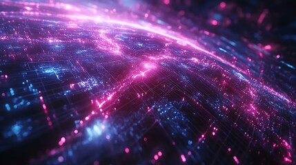 Obraz premium An abstract depiction of a seamless global network, a digital Earth wrapped in a grid of glowing lines, neon blue and pink highlights, deep shadows, photorealistic quality,