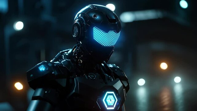Futuristic Robot with Illuminated Helmet in Dynamic Cinematic Scene