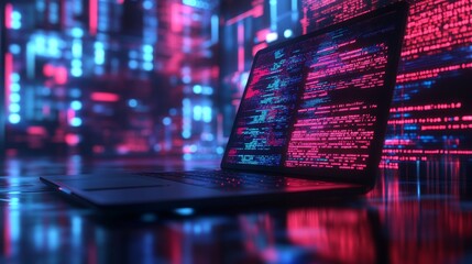 High-tech digital technology background featuring a laptop displaying software development concepts with programming code, business diagrams, and data visualizations on screen, perfect for representin
