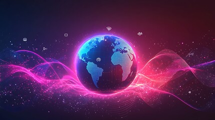 An abstract representation of real-time global updates, Earth encircled by digital waves and notification icons, luminous lines linking continents, dynamic data flow, high-definition details,