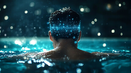AI analyzing swimmer movements in futuristic pool setting, showcasing technology and innovation in sports. swimmer head is illuminated with digital data