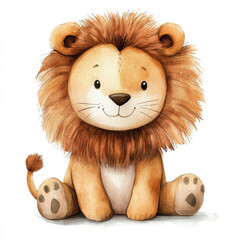 Cute watercolor illustration of kid lion doll with friendly expression