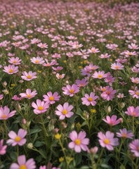 Obraz premium A field of delicate pink wildflowers with yellow markings on their petals , garden inspiration, nature pictures, flower photography