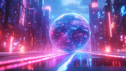 An illuminated 3D globe with bright highways of data streams crisscrossing the surface, intense neon lighting, vibrant blue and purple hues, sleek modern design, photorealistic quality,