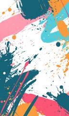 Markdown madness, banner for website, copy space for text, an abstract artwork featuring a variety of colorful paint splatters and brush strokes. The background is mostly white, with splashes of teal,