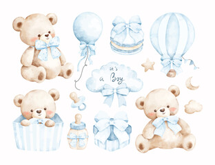 Watercolor Illustration Set of Teddy Bear Nursery Theme and Baby Shower Elements