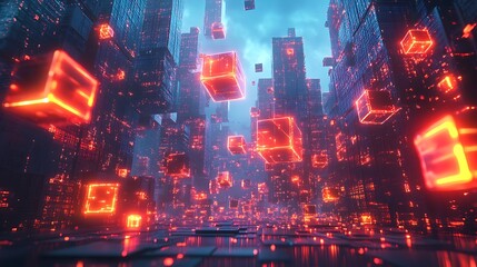 Obraz premium An illuminated digital globe with a network of floating cubes, each connected by glowing lines, representing a decentralized blockchain system, intense neon lighting, sleek and modern aesthetic,