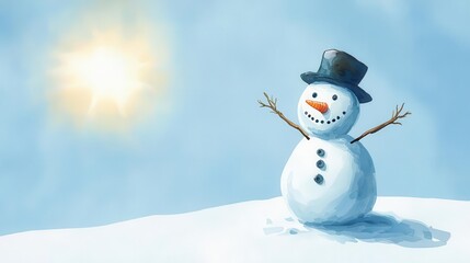 Obraz premium Melting snowman, losing shape, sun shining bright, watercolor style