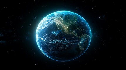 Fototapeta premium An illuminated Earth with a seamless grid of interconnected digital lines, vibrant blue and green light effects, dark background with neon highlights, photorealistic texture, cinematic quality,