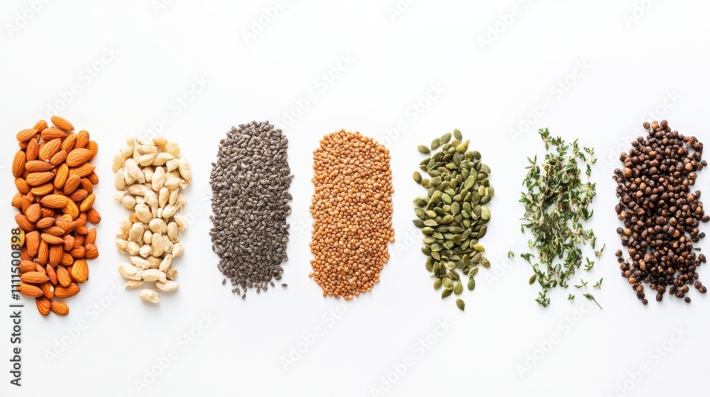 Aufkleber various organic seeds, nuts, and herbs are neatly arranged on a white surface, providing ample space