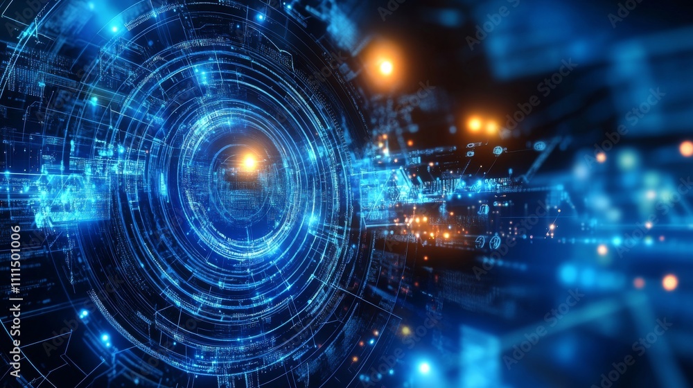Poster dynamic technology background with futuristic digital elements featuring abstract blue and neon circ