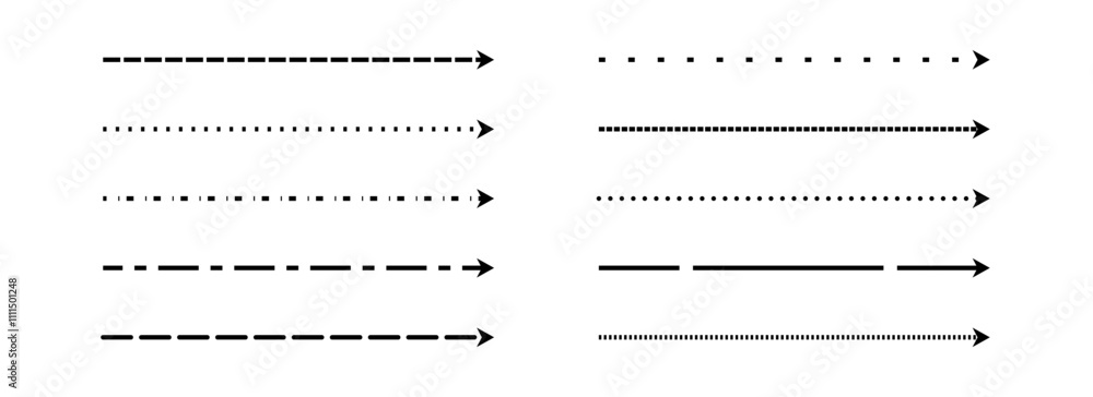 Poster Black straight thin dashed arrow set. Long dotted arrows collection. Doodle sketched pointers and direction lines. Outline stripe element bundle for flyer, poster, brochure, booklet, banner. Vector