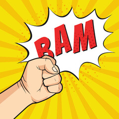 Fist punches with speech bubble in retro comic pop art style vector illustrations