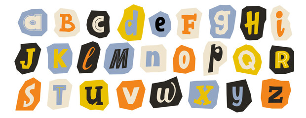 Fototapeta premium Cut out paper alphabet collection. Colorful different letter collage set. Cute craft doodle kid font elements bundle for decoration, poster, banner, print. Ransom blackmail style abc pack. Vector