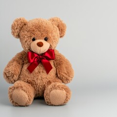 Fototapeta premium Brown teddy bear with red bow sitting on grey background.