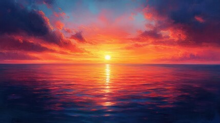 Vibrant Sunset Over Calm Ocean Abstract Impressionist Painting