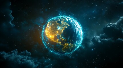 Fototapeta premium An illuminated holographic Earth with animated glowing data points forming a global network, vibrant blue and green highlights, dark space-themed background, photorealistic render,