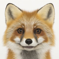 Fototapeta premium Close-up portrait of a red fox facing forward, isolated on white background.