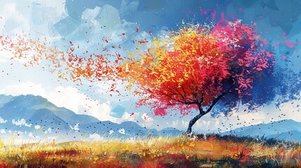 Painting of a tree with colorful flowers in the autumn season in a landscape with cloudy watercolor sky watercolor painting. Generative AI.