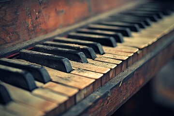 Close-up of an old, dusty piano keyboard showcasing worn keys.