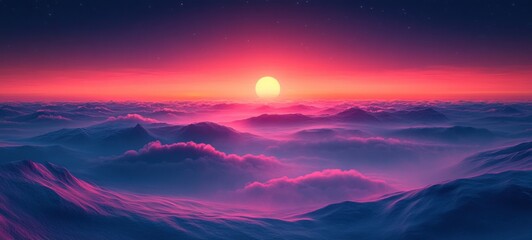 Fototapeta premium Surreal Landscape with Vibrant Purple and Blue Gradients Ethereal Mist Soft Ambient Lighting Dreamlike Atmosphere Minimalist Composition Concert Stage Background