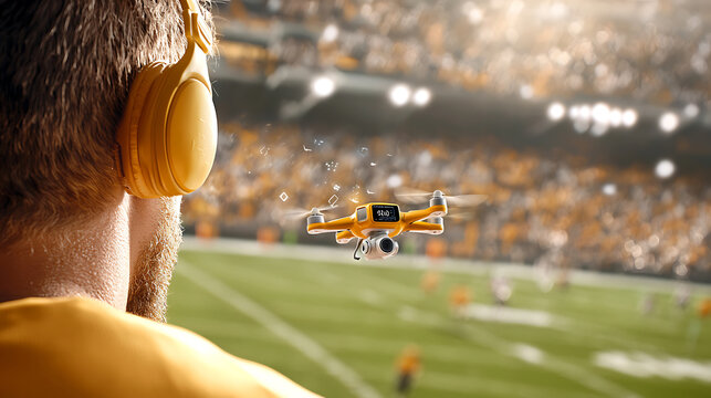 sports themed depiction of AI drone flying over football game, capturing excitement of event. vibrant colors and dynamic atmosphere enhance thrilling experience