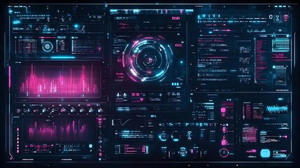Fototapeta premium A cyberpunk-themed HUD with neon overlays and detailed grids, bright magenta and cyan accents, floating 3D elements, animated holographic displays, layered transparency effects,