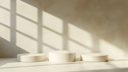 simple three podium for product stage promotion beige background