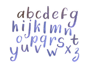 Hand-painted watercolor lowercase alphabet in artistic purple and blue calligraphy on white background.