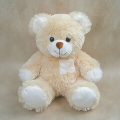 Obraz premium Cream teddy bear plush toy sitting on beige background.