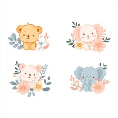 Cute cartoon bears and elephants with flowers.