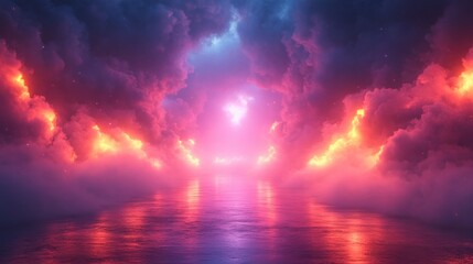 Colorful light concert stage with blue and purple fog mist illuminated by neon lights in a dark atmosphere for events and nightlife