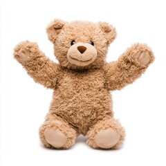 Fototapeta premium Cute light brown teddy bear sitting with arms outstretched on white background.