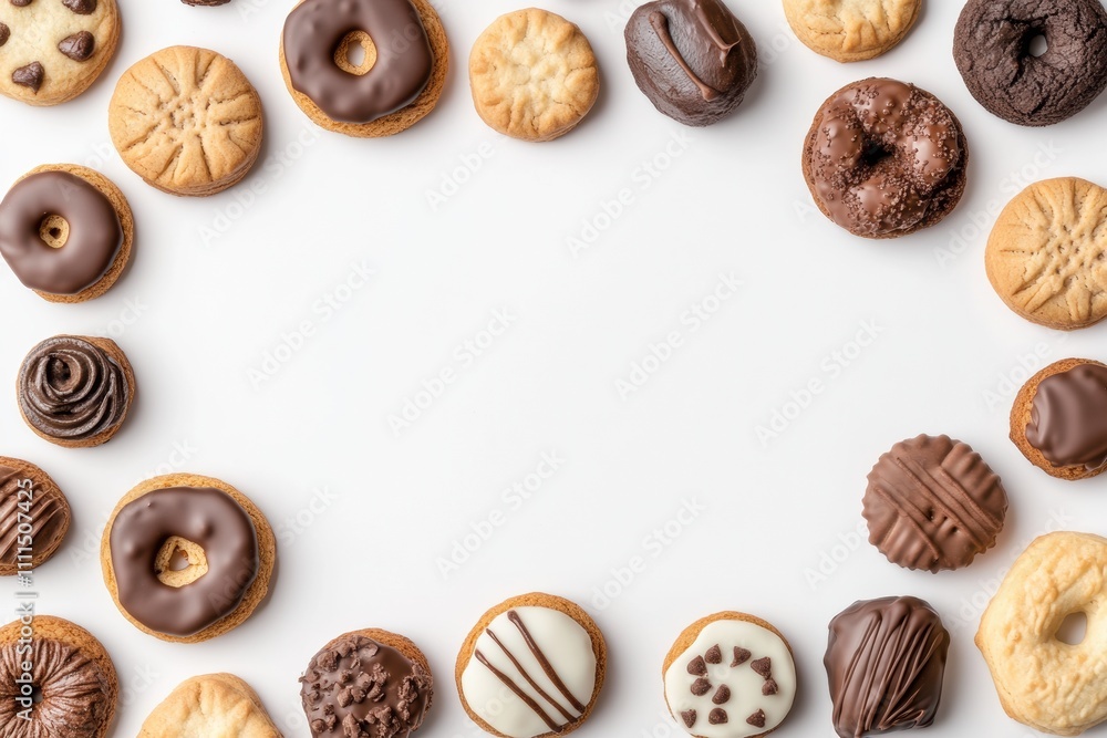Poster A colorful selection of cookies and sweets displayed on a white background, featuring a blank area perfect for adding personalized messages. Generative AI