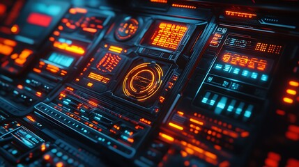 Obraz premium A futuristic control panel with animated icons, glowing data streams, layered holograms, rotating geometric shapes, vibrant neon accents, and dynamic overlays, set in a sci-fi environment, hd quality.