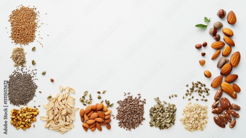 Aufkleber various organic seeds, nuts, and herbs displayed neatly on a white background, providing ample space