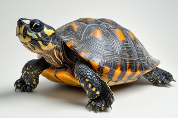 A Yellow Marginated Tortoise Poses Against White Background