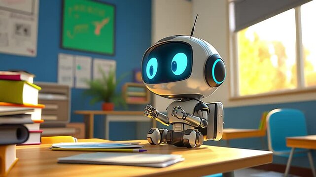 Cute little robot sitting on a school lesson desk. 4k animation video