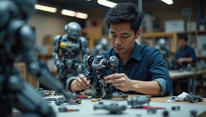 Focused Asian man assembling robot in workshop with tools