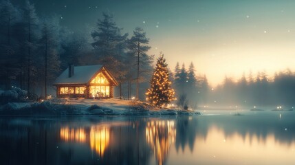 Obraz premium Enchanting christmas cabin reflection winter wonderland nature photography serene landscape tranquil evening holiday spirit captured in gigapixel