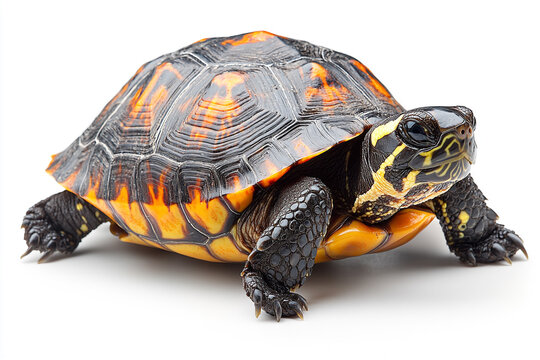 A vibrant orange and black turtle rests on white