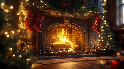 Obraz premium Cozy Christmas Fireplace 3D Illustration