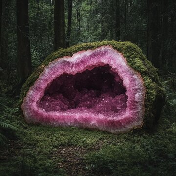 Enormous pink geode nestled in a mossy forest clearing.