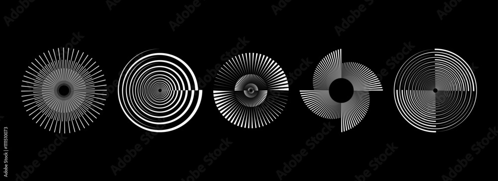 Poster Radial spinning spiral pattern set. Rotating circle sound wave concepts. Circular speed line form collection. Abstract sunburst ray and beam design element for icon, badge, logo, tag, label. Vector