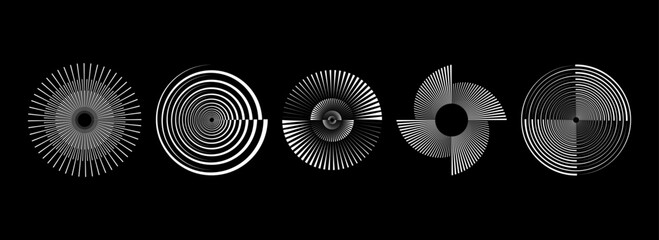 Radial spinning spiral pattern set. Rotating circle sound wave concepts. Circular speed line form collection. Abstract sunburst ray and beam design element for icon, badge, logo, tag, label. Vector