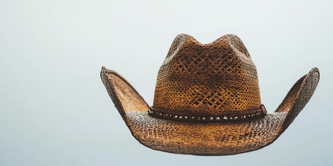 A brown woven cowboy hat with a silver band isolated on a white background.